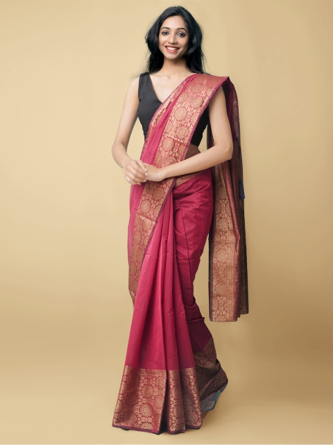 

Unnati Silks Maroon & Beige Zari Silk Cotton Baluchari Saree
