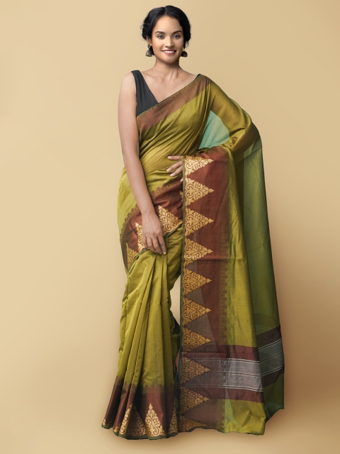 

Unnati Silks Green & Brown Zari Silk Cotton Baluchari Saree
