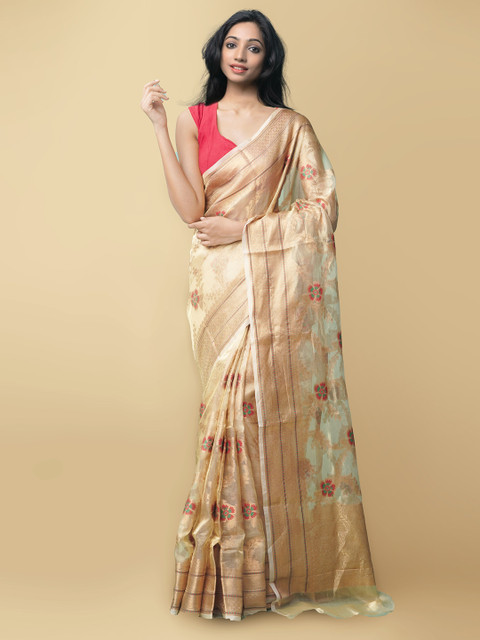 

Unnati Silks Brown & White Woven Design Zari Tissue Murshidabad silk Saree