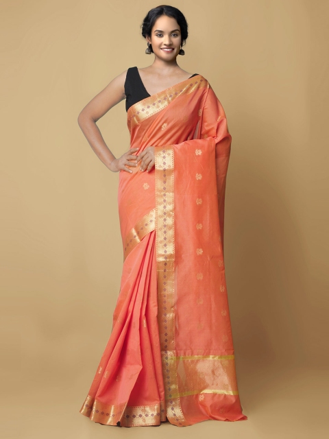 

Unnati Silks Orange & Gold-Toned Ethnic Motifs Silk Cotton Baluchari Saree