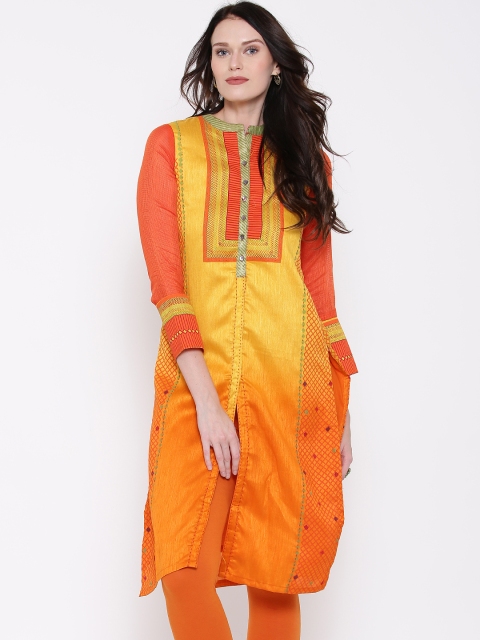 

Biba Women Yellow & Orange Printed Straight Kurta