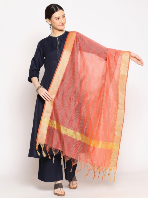 

Dupatta Bazaar Coral & Gold-Toned Striped Chanderi Silk Dupatta with Kantha Work