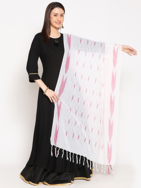 

Dupatta Bazaar White & Pink Woven Design Pure Cotton Ikat Dupatta