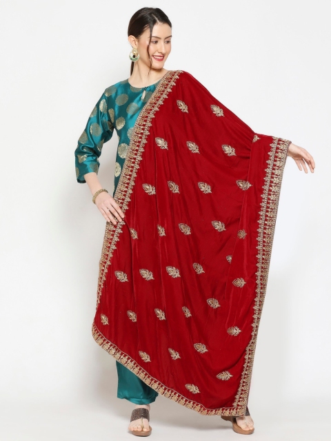 

Dupatta Bazaar Maroon & Gold-Toned Embroidered Velvet Dupatta with Zardozi