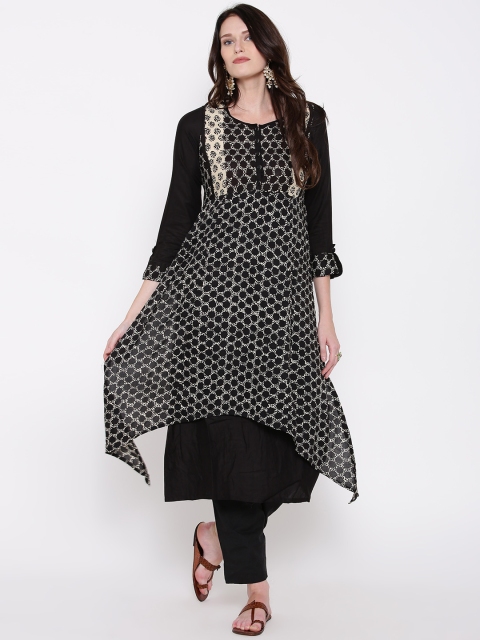 

Biba Women Black & Off-White Printed Layered A-Line Asymmetric Kurta