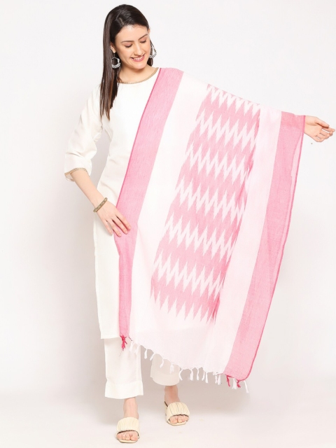 

Dupatta Bazaar Pink & Beige Woven Design Pure Cotton Ikat Dupatta