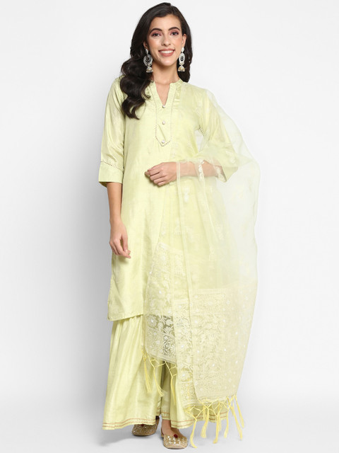 

VAABA Women Green Floral Regular Chanderi Silk Kurta with Palazzos & Dupatta