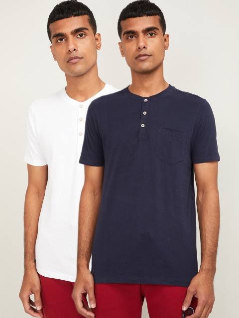 

Forca Men Pack Of 2 Navy Blue & White Henley Neck Pockets Slim Fit T-shirts
