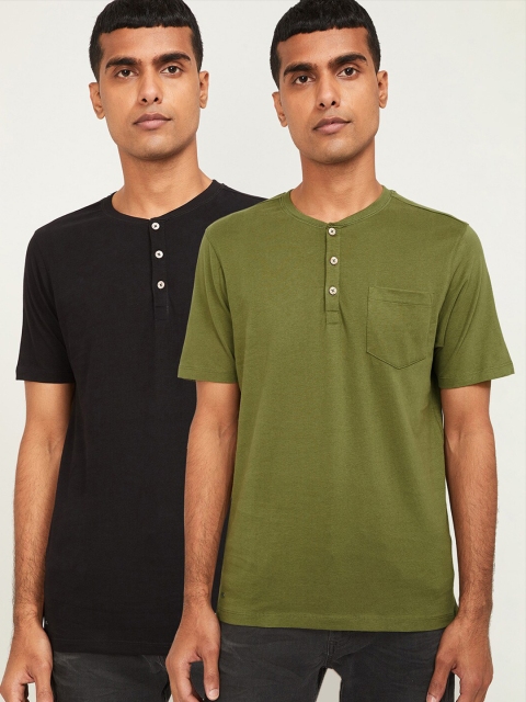 

Forca Men Olive Green Henley Neck Pockets Slim Fit T-shirt