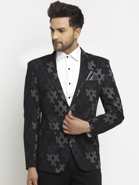 

LUXURAZI Men Black Printed Single-Breasted Formal Blazer