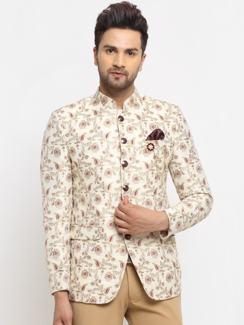 

LUXURAZI Men Cream Embroidered Bandhgala Blazer, Multi