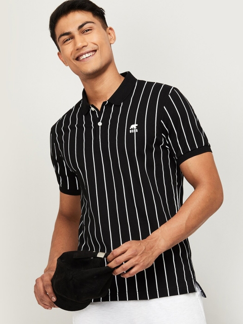 

UCLA Men Black Striped Polo Collar Monochrome Slim Fit T-shirt