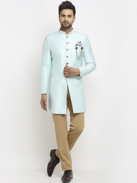 

LUXURAZI Men Blue & Gold-Toned Embroidered Sherwani With Trousers