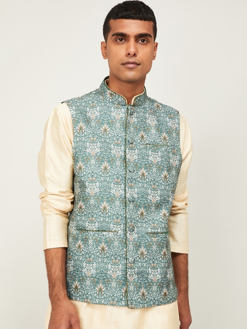 

Melange by Lifestyle Men Olive Green Floral Printed Nehru Jacket