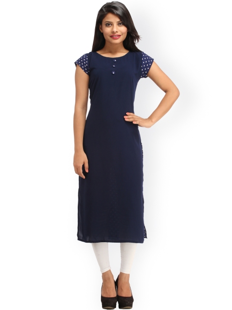 

Cottinfab Women Navy Printed A-Line Kurta, Navy blue