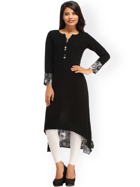 

Cottinfab Women Black Solid Crepe High-Low Kurta