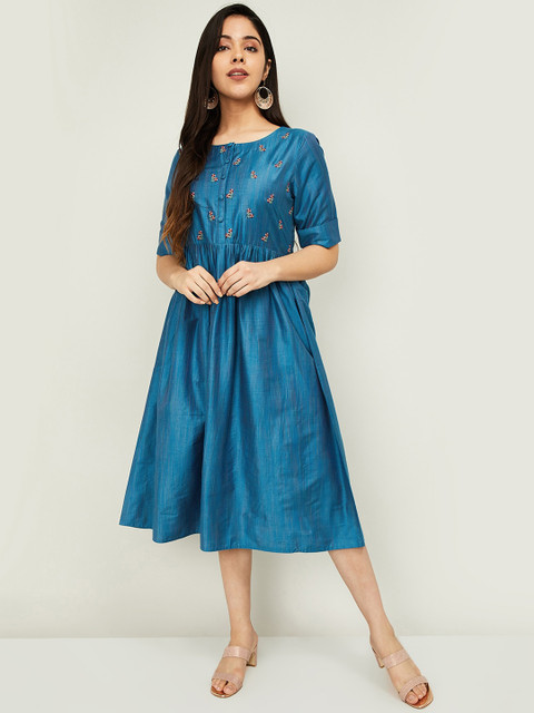 

Melange by Lifestyle Blue Floral Embroidered A-Line Midi Dress