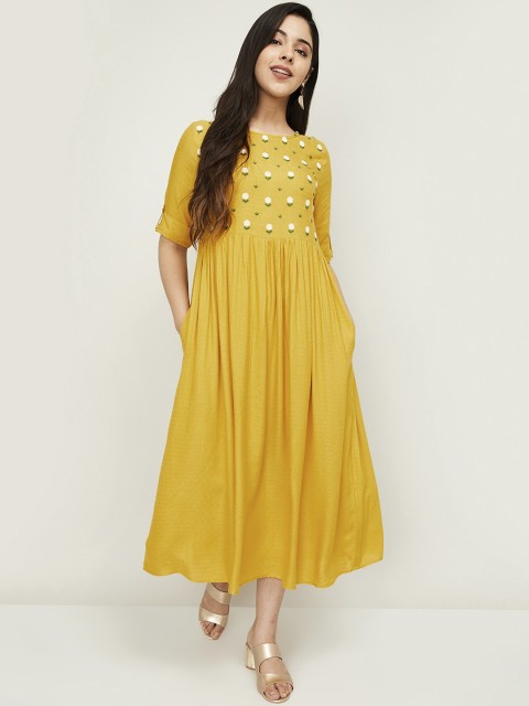 

Melange by Lifestyle Mustard & White Embroidered A-Line Midi Dress