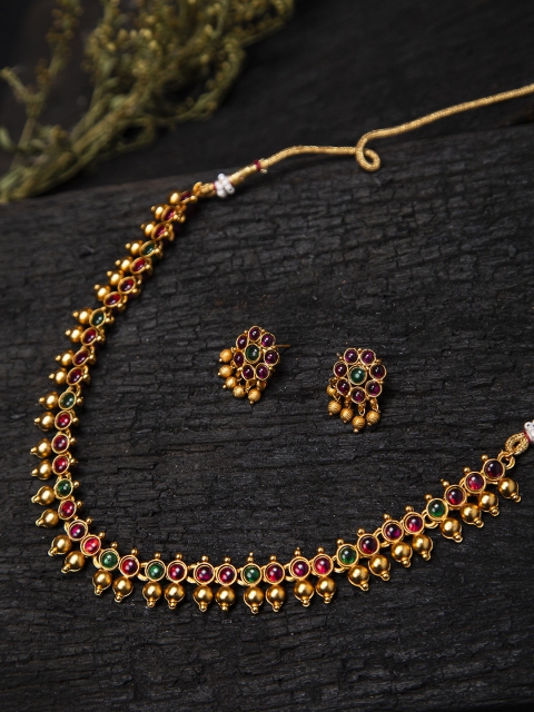 

Fabstreet Red & Gold-Toned & Plated Stone Studded Matt Finish Temple Necklace With Studs