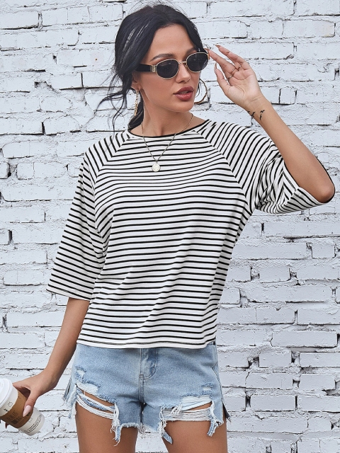 

URBANIC Women Black & White Striped Drop-Shoulder Sleeves Monochrome T-shirt
