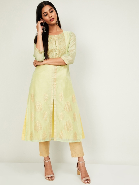 

Melange by Lifestyle Women Green Ethnic Motifs Embroidered Keyhole Neck Thread Work Chanderi Silk Chanderi Kurta