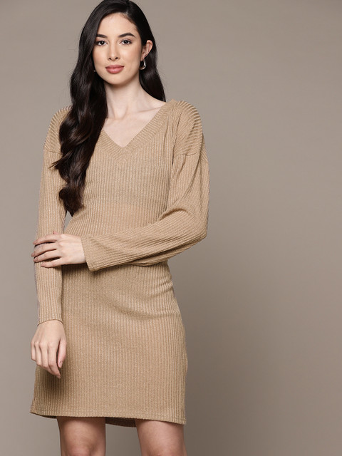

URBANIC Women Brown Ribbed Bodycon Sweater Dress