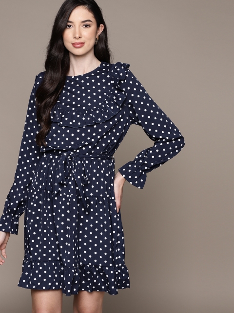 

URBANIC Women Navy Blue & White Polka Dots Print Belted A-Line Dress
