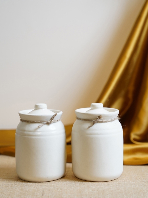 

Folkstorys Pack of 2 Cream Solid Ceramic Ivory Storage Jars