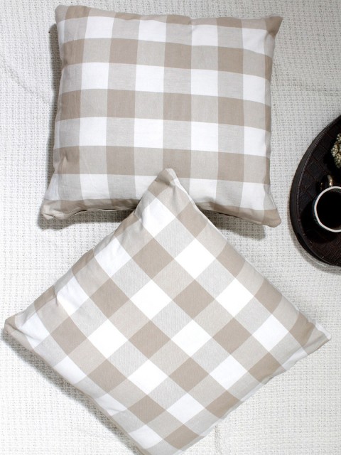 

AVI Living Set Of 2 Beige & White Checked Pure Cotton Square Cushion Covers