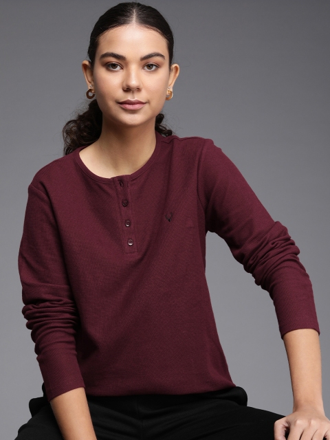 

Allen Solly Woman Maroon Solid Henley Neck Pure Cotton T-shirt
