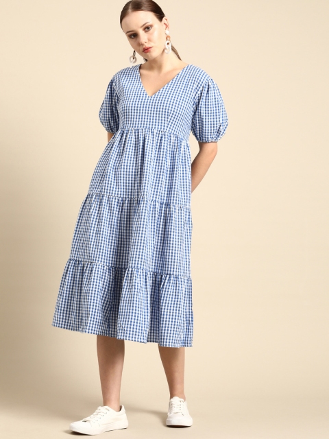 

DODO & MOA Blue & White Checked Empire Tiered Midi Dress