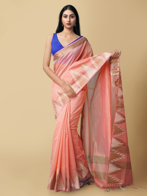 

Unnati Silks Pink & Off White Zari Silk Cotton Baluchari Saree