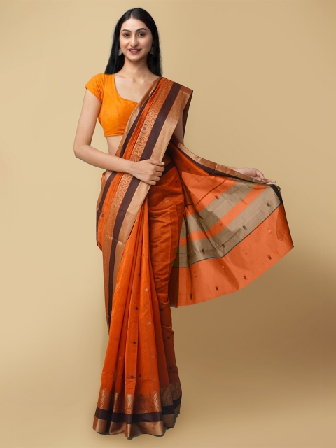 

Unnati Silks Rust Orange & Brown Ethnic Motifs Zari Silk Cotton Baluchari Saree