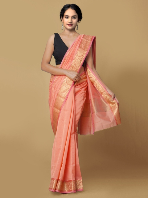 

Unnati Silks Orange & Gold-Toned Zari Silk Cotton Baluchari Saree