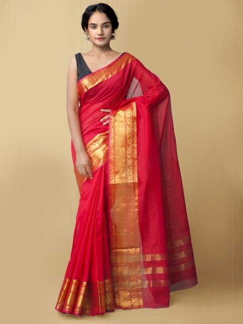 

Unnati Silks Pink & Gold-Toned Zari Silk Cotton Baluchari Saree