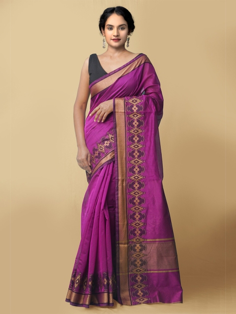 

Unnati Silks Purple & Gold-Coloured Zari Silk Cotton Baluchari Saree