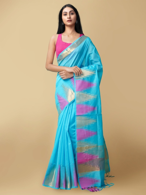 

Unnati Silks Blue & Pink Silk Cotton Baluchari Saree
