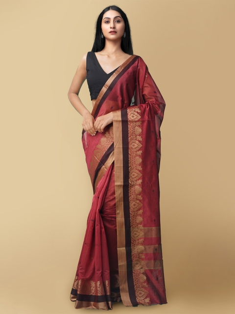 

Unnati Silks Maroon & Black Ethnic Motifs Zari Silk Cotton Baluchari Saree