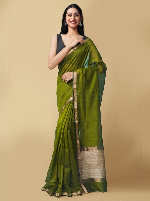 

Unnati Silks Green & Gold-Toned Silk Cotton Maheshwari Saree