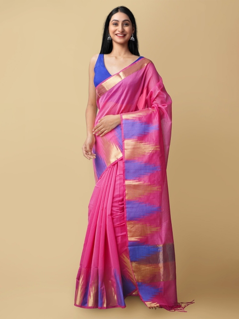 

Unnati Silks Pink & Blue Zari Silk Cotton Baluchari Saree