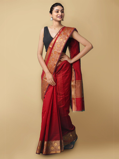 

Unnati Silks Maroon & Gold-Toned Zari Silk Cotton Baluchari Saree