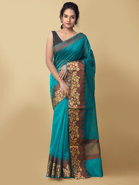 

Unnati Silks Green & Gold-Toned Zari Silk Cotton Baluchari Saree
