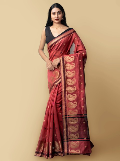 

Unnati Silks Maroon & Gold-Toned Woven Design Zari Silk Cotton Baluchari Saree