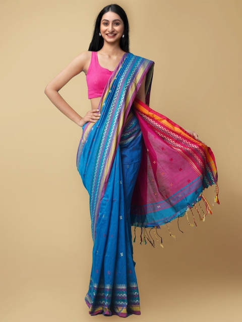 

Unnati Silks Blue & Gold-Toned Zari Pure Linen Jamdani Saree