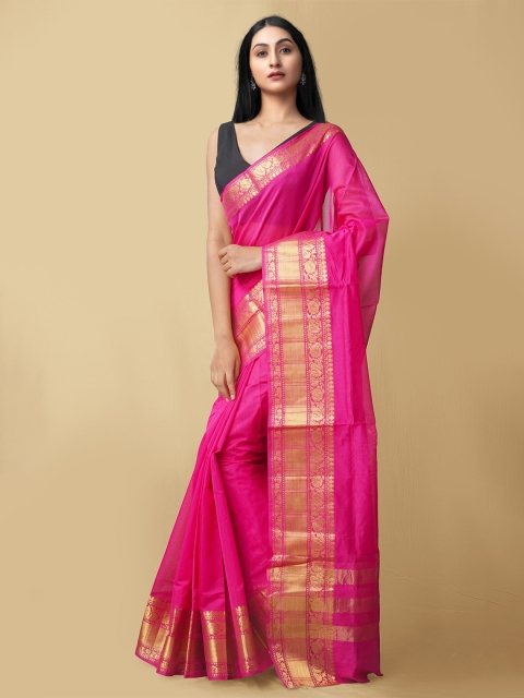

Unnati Silks Pink & Gold-Coloured Zari Silk Cotton Baluchari Saree