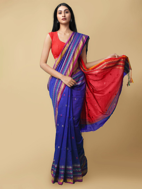 

Unnati Silks Blue & Red Floral Zari Pure Linen Jamdani Saree