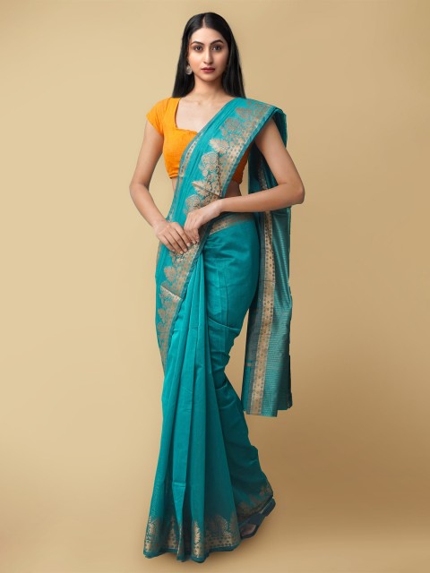 

Unnati Silks Teal Blue & Gold-Toned Zari Silk Cotton Baluchari Saree