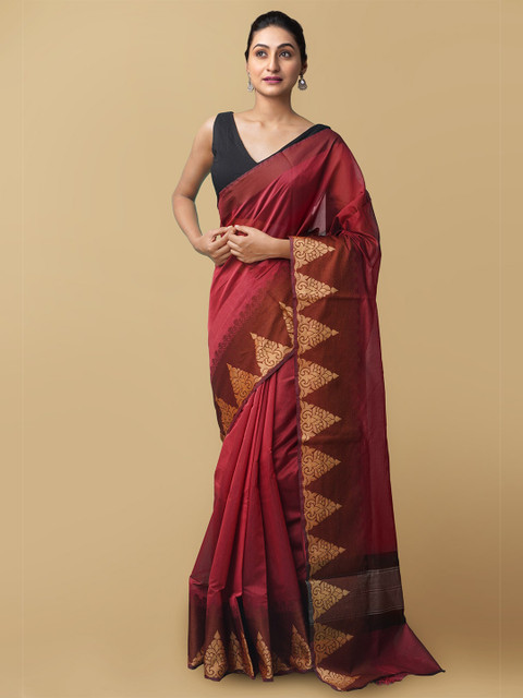 

Unnati Silks Maroon & Gold-Toned Woven Design Zari Silk Cotton Baluchari Saree