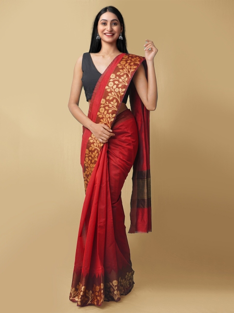 

Unnati Silks Maroon & Gold-Toned Zari Silk Cotton Baluchari Saree