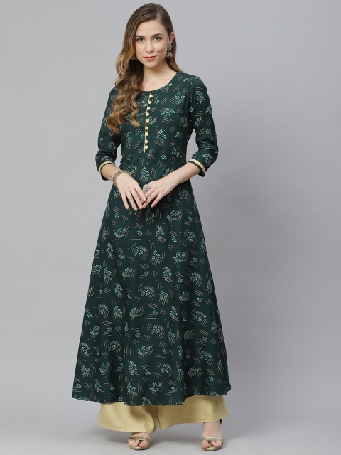 

Aasiya Women Green & Gold-Toned Floral Printed Anarkali Kurta